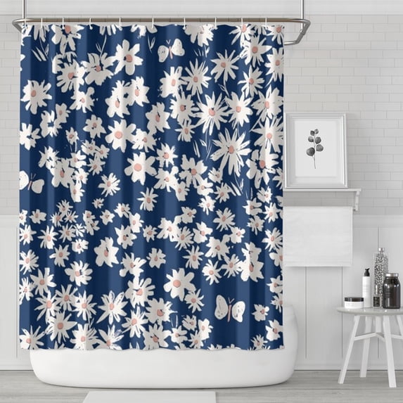 Dark Blue Daisy Flower Pattern Shower Curtain 72"x84" ,Bathroom Decorative Shower Curtains Set with 12 Hooks,Modern Waterproof Washable Shower Curtain