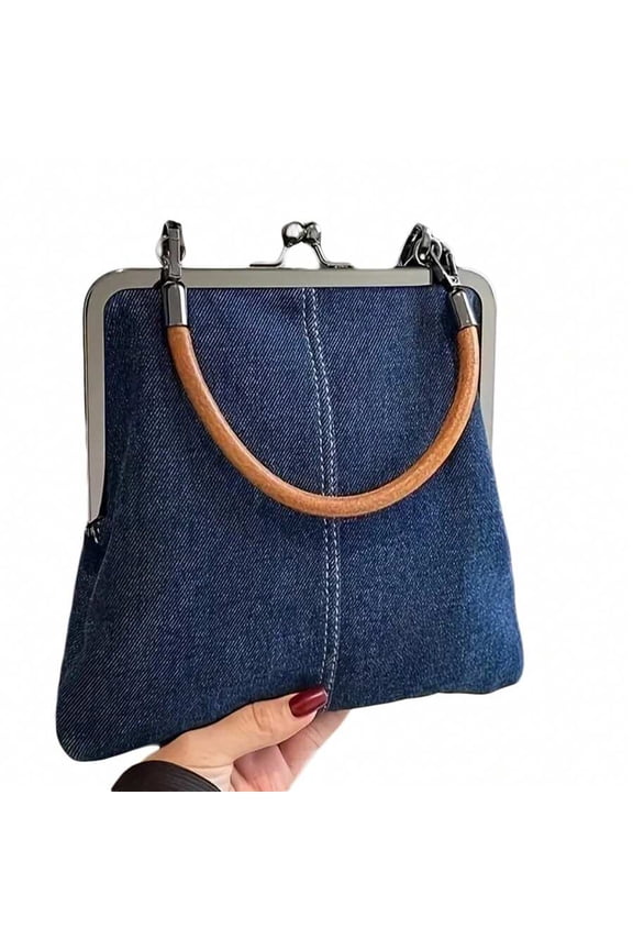 Dark Blue Denim Kiss Lock Handbag With Wooden Handle Crossbody Tote