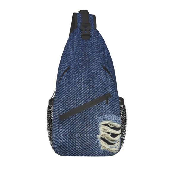 Dark Blue Denim Ripped Sling Crossbody Backpack Men Custom Trend Texture Chest Shoulder Bag for Travel Hiking Daypack