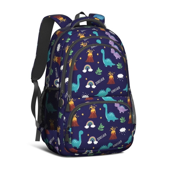 Dark Blue Dinosaur Volcano Pattern Cute School Backpack Bag with Padded Back and Adjustable Shoulder Straps 16.9 X 12.6 X 5.9 Inches