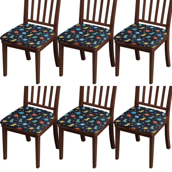 Dark Blue Dinosaurs Space Pattern Seat Covers for Dining Room Chairs Set Of 4,Stretch Printed Washable Chair Seat Cover with Elastic Ties and Button,Removable Waterproof Couch Cushion Covers