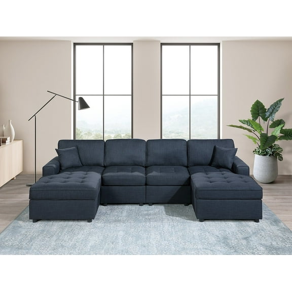 Dark Blue Dorris Fabric Upholstered Sectional Sofa w Pillows Tufted Seats LAF And RAF Chaise 3pc Sectionals Set Living Room