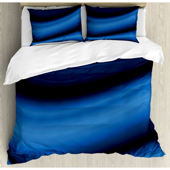 Dark Blue Duvet Cover Set, Abstract Wavy Curvy Bold Color Bands Soft Blurred Digital Ombre, Decorative 3 Piece Bedding Set with 2 Pillow Shams, King Size, Pale Blue Dark Blue, by Ambesonne