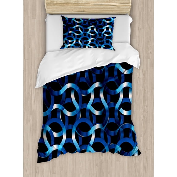 Dark Blue Duvet Cover Set, Curvy Shaped Entangled Complex Industrial Modern Mesh Machinery Concept, Decorative 2 Piece Bedding Set with 1 Pillow Shams, Twin Size, Blue Dark Blue White, by Ambesonne