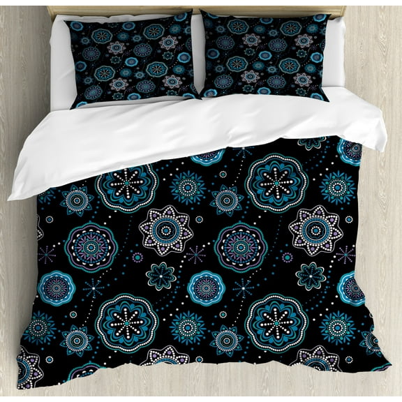 Dark Blue Duvet Cover Set King Size, Eastern Style Snowflakes Ethnic Kaleidoscopic Asian Mandala Lace Circle Fashion, Decorative 3 Piece Bedding Set with 2 Pillow Shams, Multicolor, by Ambesonne