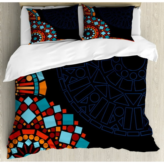Dark Blue Duvet Cover Set Queen Size, Colorful Geometric Circular Mandala Motifs Framework Moroccan Mosaic Style Ethnic, Decorative 3 Piece Bedding Set with 2 Pillow Shams, Multicolor, by Ambesonne