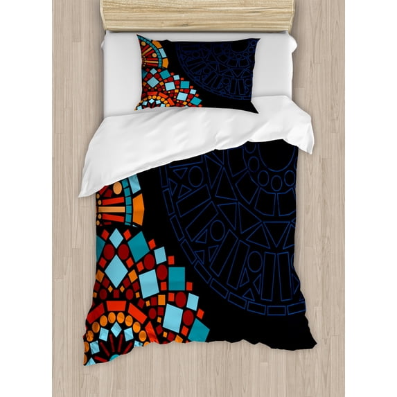 Dark Blue Duvet Cover Set Twin Size, Colorful Geometric Circular Mandala Motifs Framework Moroccan Mosaic Style Ethnic, Decorative 2 Piece Bedding Set with 1 Pillow Sham, Multicolor, by Ambesonne