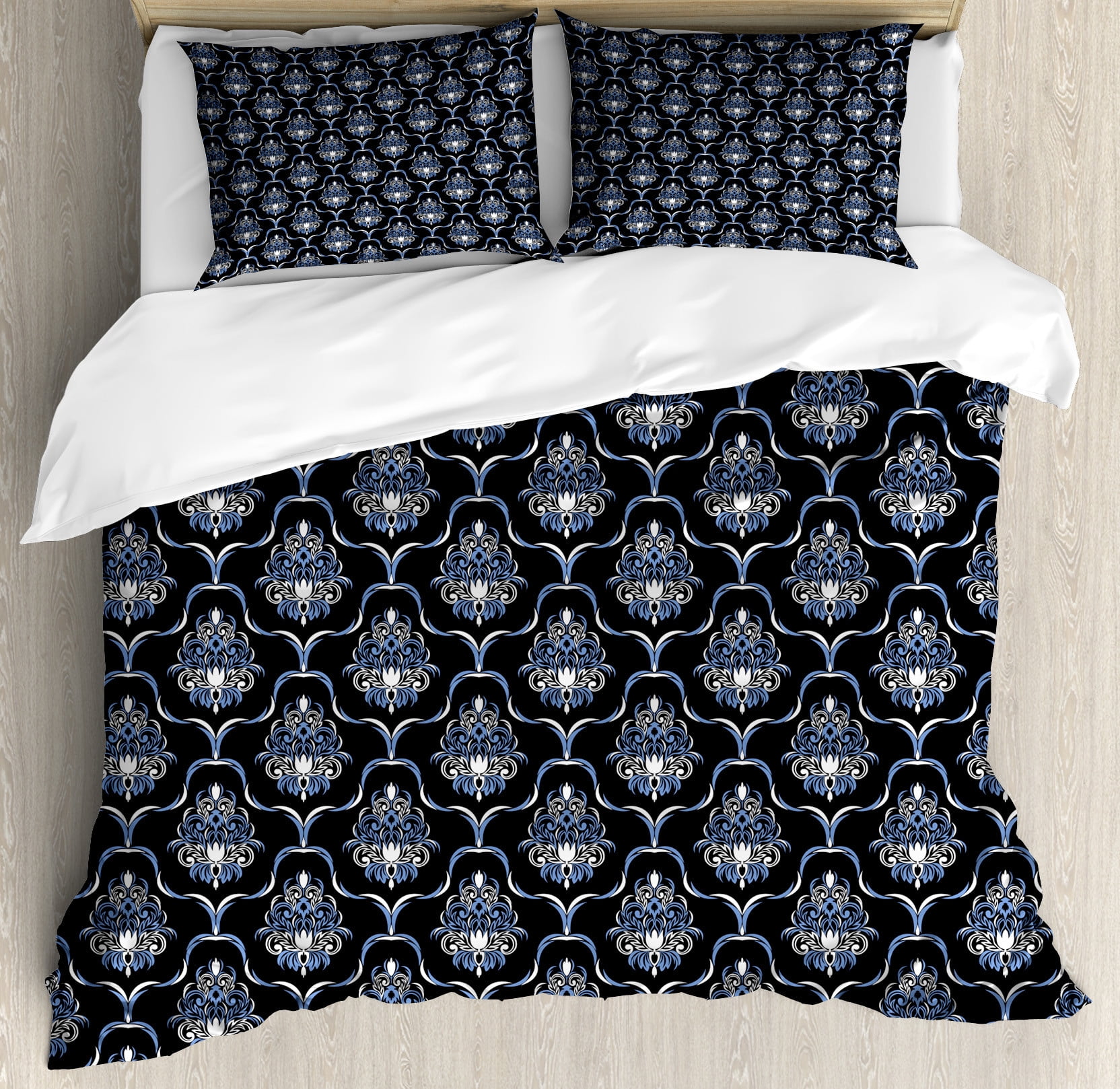 Dark Blue Duvet Cover Set, Vintage Royal Damask Motifs Swirls Curvy