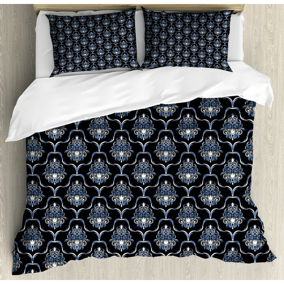 Dark Blue Duvet Cover Set, Vintage Royal Damask Motifs Swirls Curvy Tile Victorian Fashion, Decorative 3 Piece Bedding Set with 2 Pillow Shams, Queen Size, Pale Blue Dark Blue, by Ambesonne