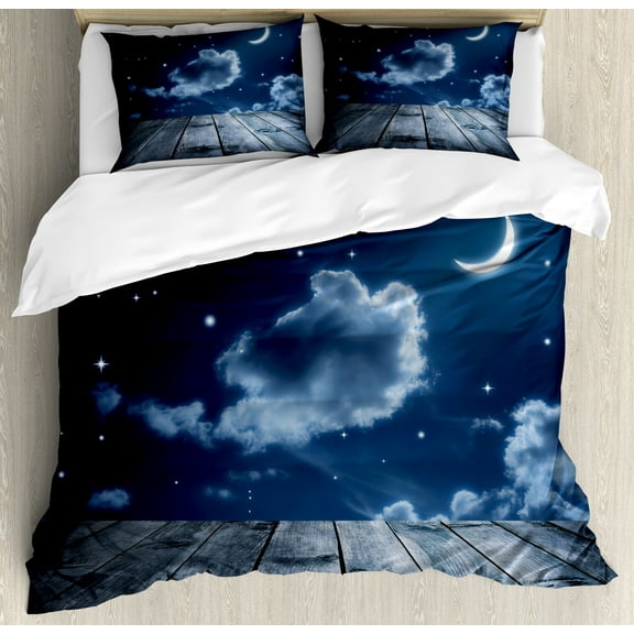 Dark Blue Duvet Cover Set, Vivid Night Sky with Stars Clouds and Crescent Moon Wooden Planks Celestial, Decorative 3 Piece Bedding Set with 2 Pillow Shams, Calking Size, Dark Blue White, by Ambesonne