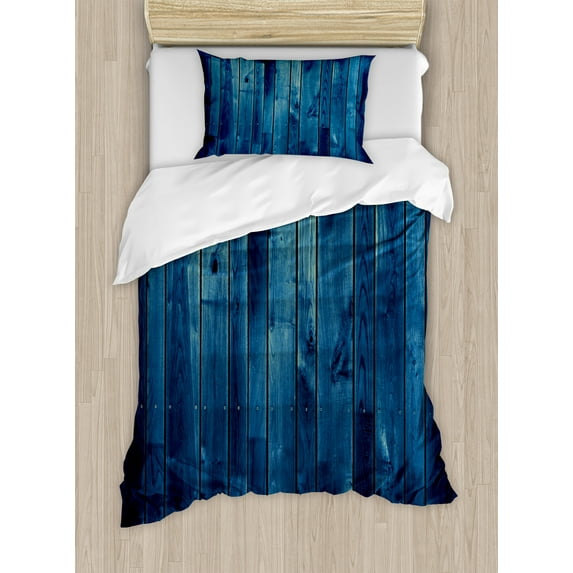 Dark Blue Duvet Cover Set, Wooden Planks Texture Image Board Floor Wall Lumber Rustic Country Life, Decorative 2 Piece Bedding Set with 1 Pillow Shams, Twin Size, Pale Blue Dark Blue, by Ambesonne