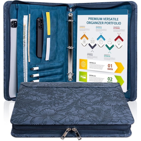 Dark Blue Embossed Vegan Leather Portfolio for Women, 3 Ring Binder with Zipper, A4 Planner Laptop Pocket, Padfolio Legal Size,WorkBinder Organizer Women