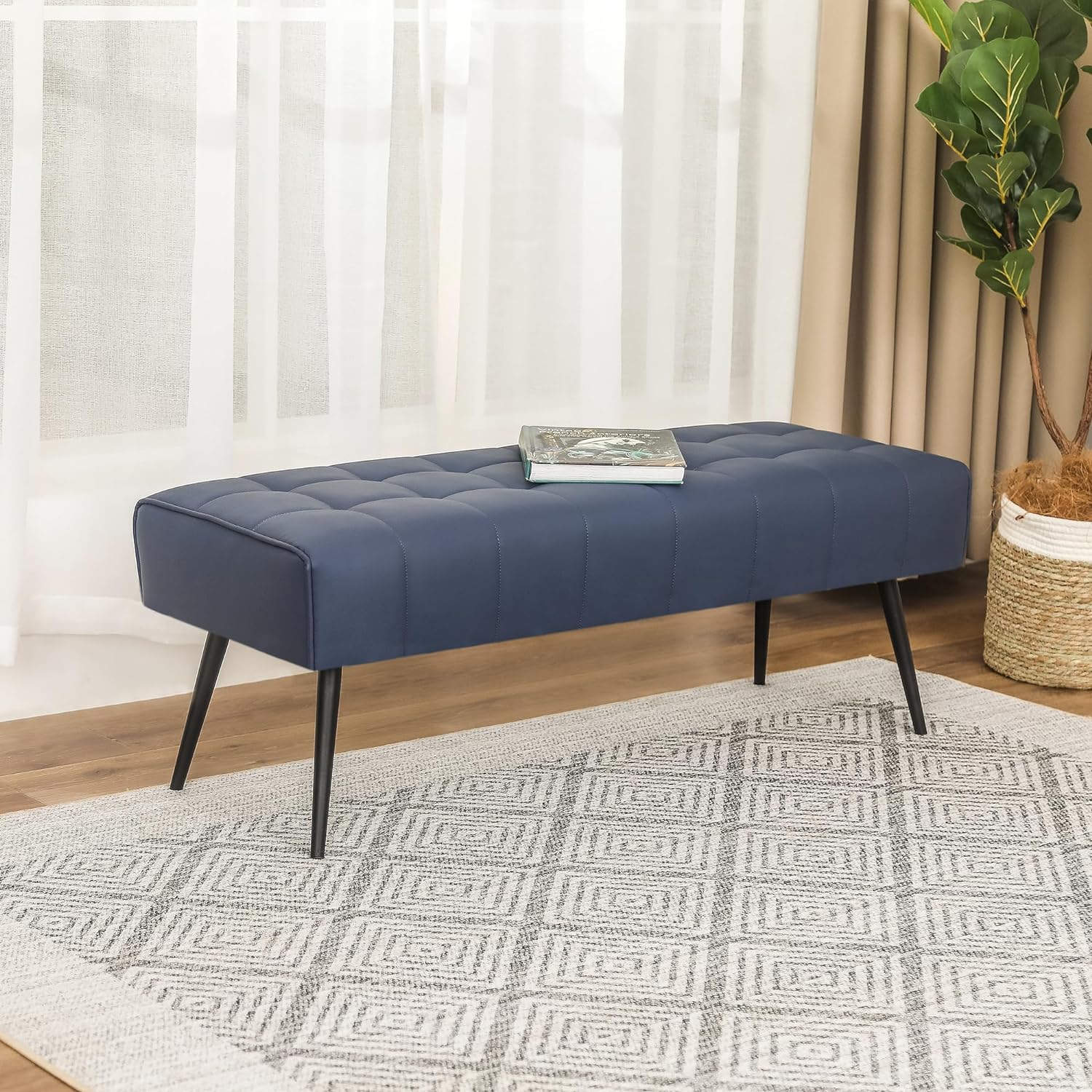 Dark Blue Entryway Bench, Faux Leather Tufted Upholstered Ottoman Bench
