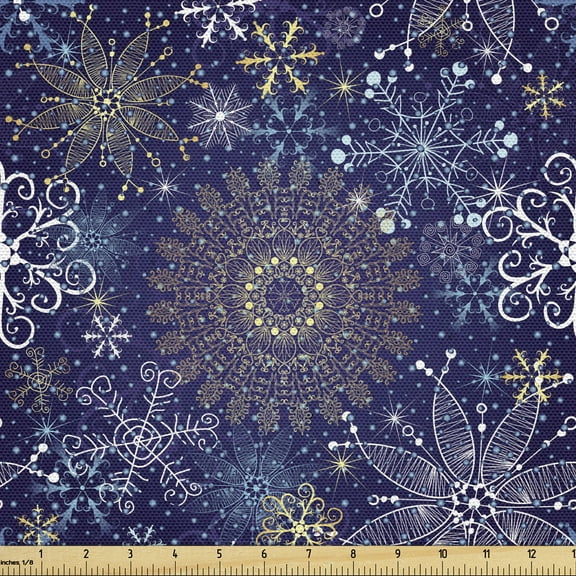 Ambesonne Dark Blue Fabric by the Yard Upholstery, Snowflakes Xmas Art, 10 Yards, Multicolor