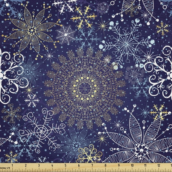 Ambesonne Dark Blue Fabric by the Yard Upholstery, Snowflakes Xmas Art, 2 Yards, Multicolor