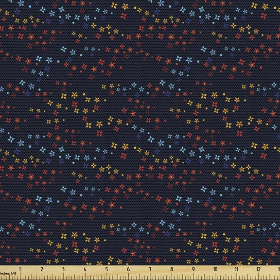 Ambesonne Dark Blue Fabric by the Yard Upholstery, Vibrant Stars Flowers, 2 Yards, Multicolor