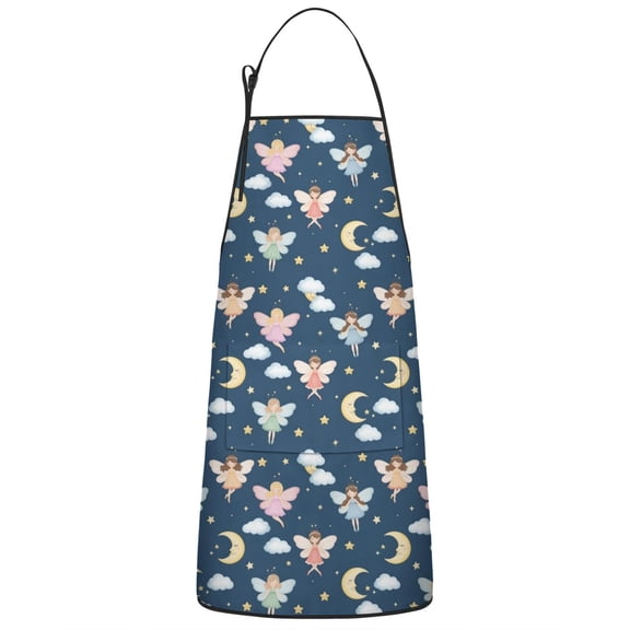 Dark Blue Fairy Moon Princess Pattern Apron-Garden Aprons for Women with Pockets-Cotton Linen Waterproof Kitchen Cooking Gardening Aprons Adjustable for Kitchen,Cooking,BBQ and Salon 33x27 Inch