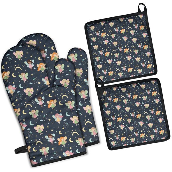 Dark Blue Fairy Princess Pattern Kitchen Oven Mitt and Pot Holder Sets 2 Pcs for Baking, Cooking and Grilling, Heat Resistant Up To 392 °F
