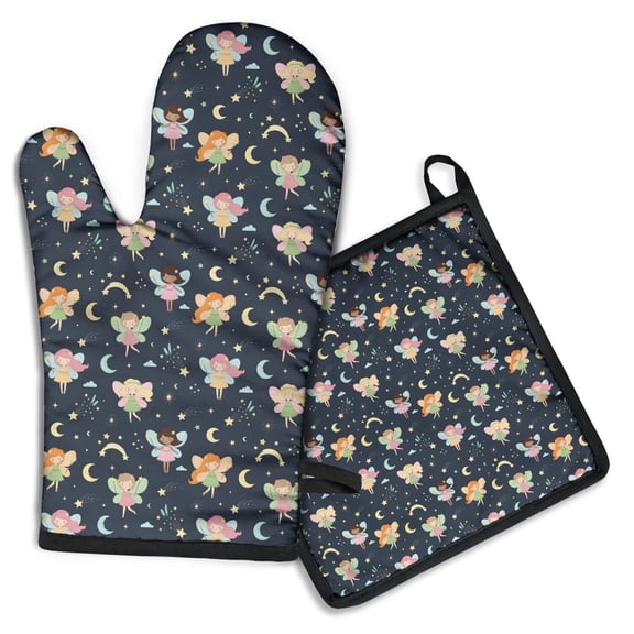 Dark Blue Fairy Princess Pattern Kitchen Oven Mitt and Pot Holder Sets 4 Pcs for Baking, Cooking and Grilling, Heat Resistant Up To 392 °F