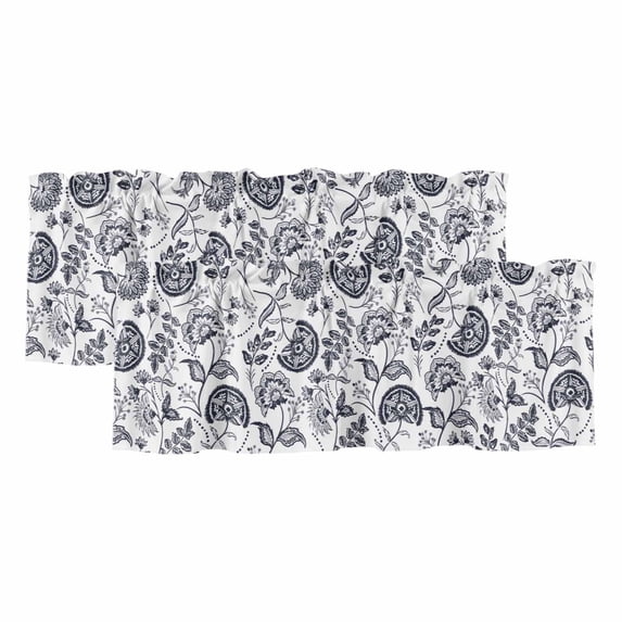 Dark Blue Farmhouse Curtain Valances for Windows, Kitchen Valance Window Treatments Panel 2 Pack, Floral Floral Plant Leaf Vintage Rod Pocket Short Curtains for Bathroom Bedroom 42 x 12 Inch