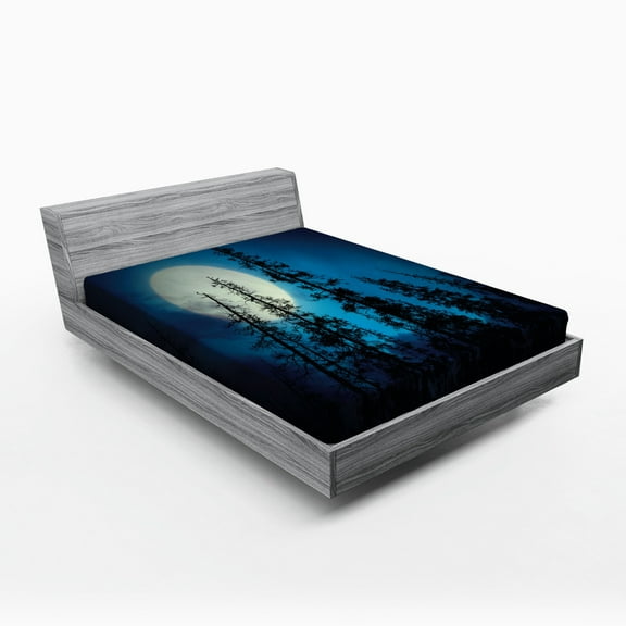 Ambesonne Dark Blue Fitted Sheet, Spooky Forest Moon, Full Size, Blue Black White