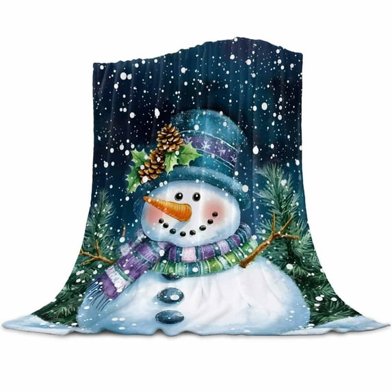 Dark Blue Flannel Blanket for Bed,Travel and Camping, Christmas Cute Snowman Pine Tree Snowing Scene Super Soft Cozy Blanket for All Seasons 60"x80"
