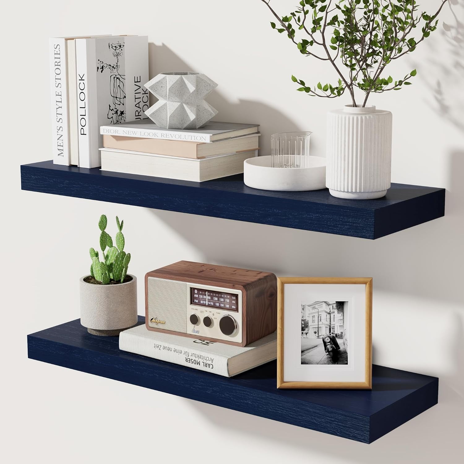 Dark Blue Floating Shelves 24 Inch, Solid Wooden Wall Shelves Set of 2 ...