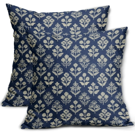 Dark Blue Floral Block Print Pillow Covers 20x20 Inch Set of 2, Vintage Flower Pattern Decorative Throw Pillowcases Outdoor Farmhouse Cushion Covers Spring Summer Rustic Sofa Couch Bed Decor