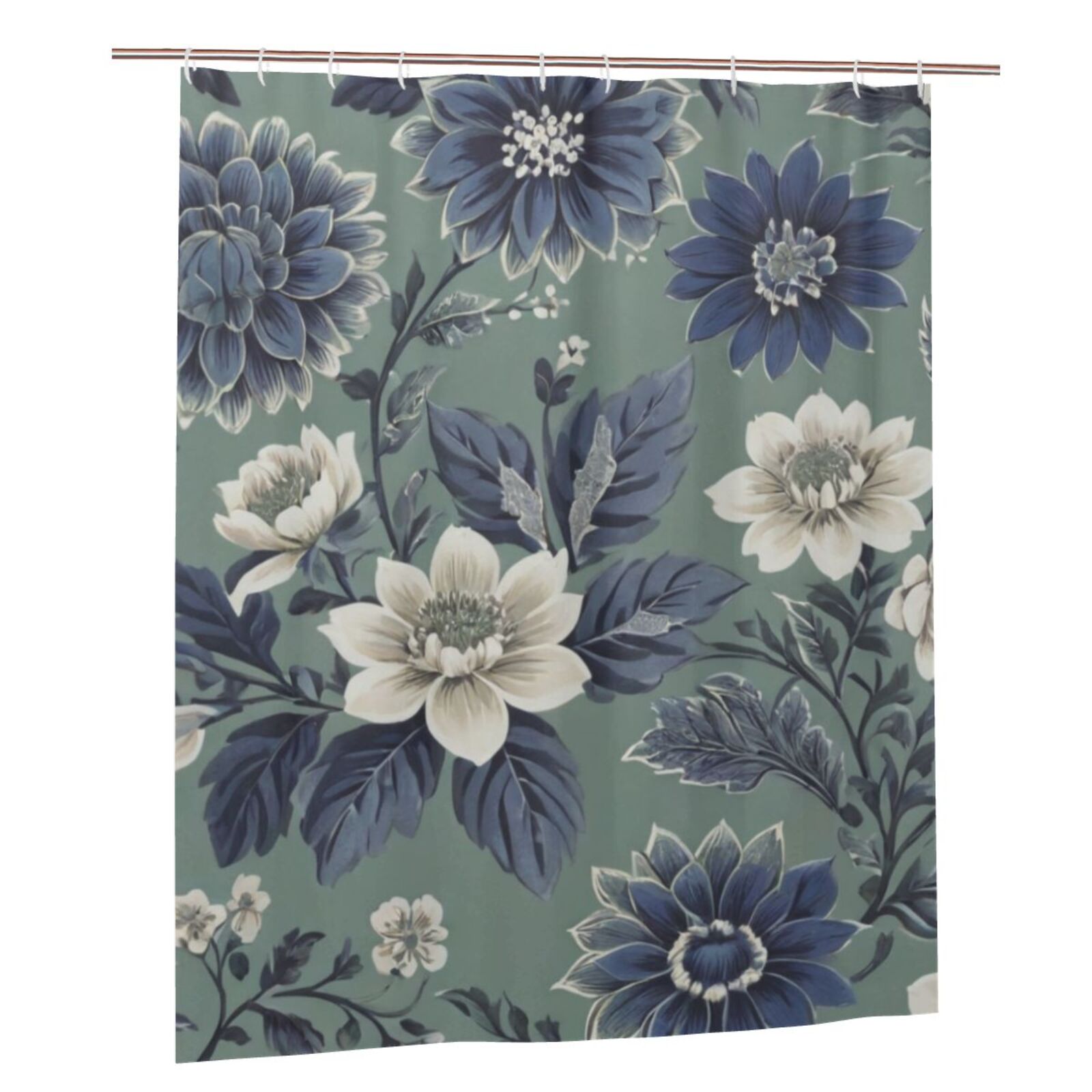Dark Blue Floral on GreyishGreen Background Shower Curtain for
