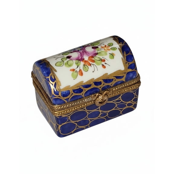 Dark Blue Chest with Flowers  Gold Trim | Limoges Boutique Limoges Box Porcelain Figurine