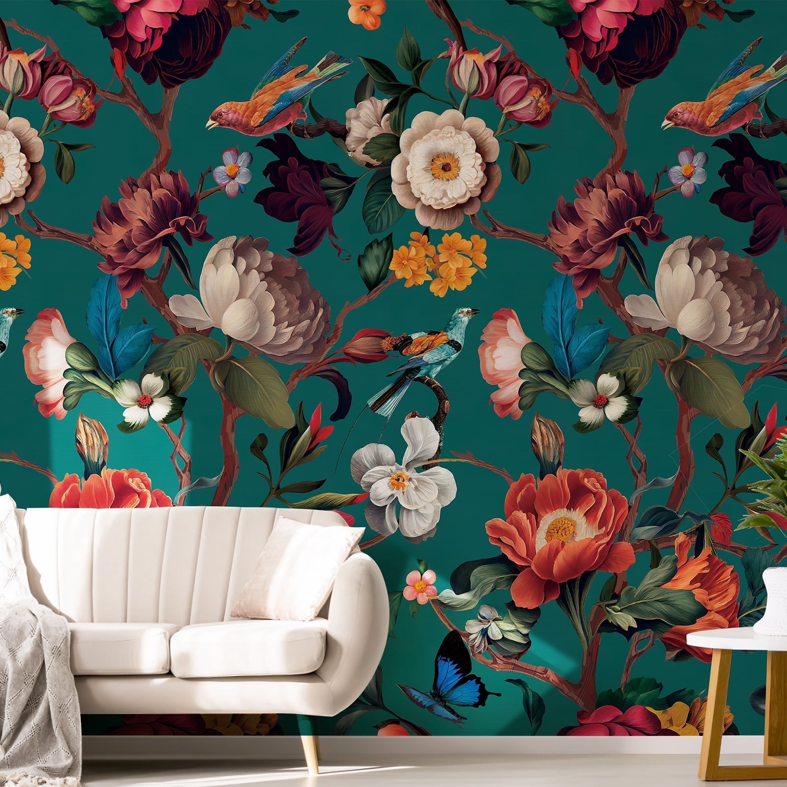 Xiayi Dark Blue Floral Mural Wallpaper Peel & Stick, 148" W x 98" H, Removable Vintage Wall Covering for Bedroom, Living Room & Rentals, 1 Piece