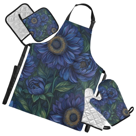 Dark Blue Floral Oven Mitts and Pot Holders with Chef Apron Set 5 Pcs Kitchen Cooking Set
