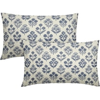 Dark Blue Floral Pillow Covers 12x20 Inch Set of 2, Block Print Lumbar Flower Cream Decorative Throw Pillowcases Outdoor Farmhouse Rectangle Cushion Covers Spring Summer Sofa Couch Bed Decor