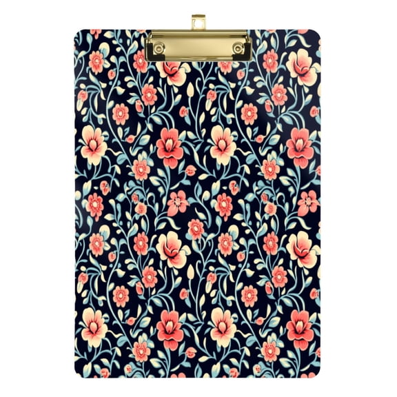 Dark Blue Floral Print 12.5x9in Clipboard, Durable Acrylic with Metal Clip and Wall Hook for Office or Classroom