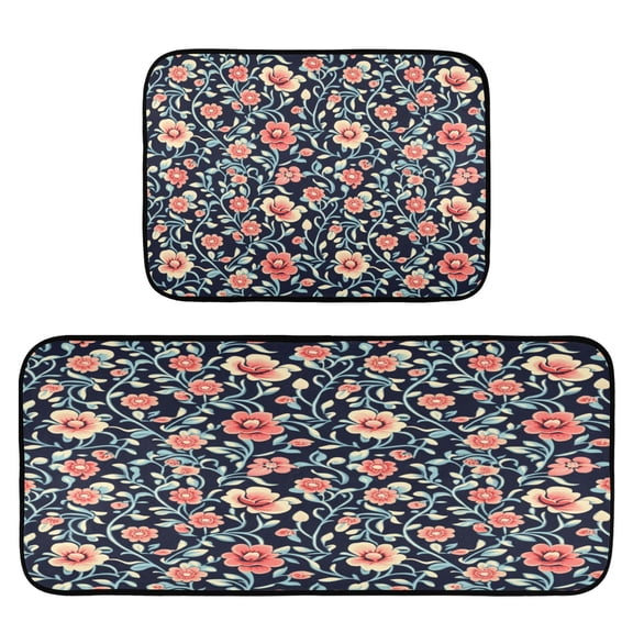 Dark Blue Floral Print 2-Piece Kitchen Carpet Mat Set, Non-Slip Memory Foam, Soft for Kitchen and Living Room Use