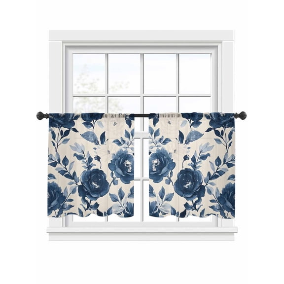 Dark Blue Floral Sheer Curtains 2 Panels Set Retro Flower Leaf Blossom Nostalgia Texture Sheer Window Curtains Light Filtering Rod Pocket Voile Drapes for Bedroom Living Room 52"x54"