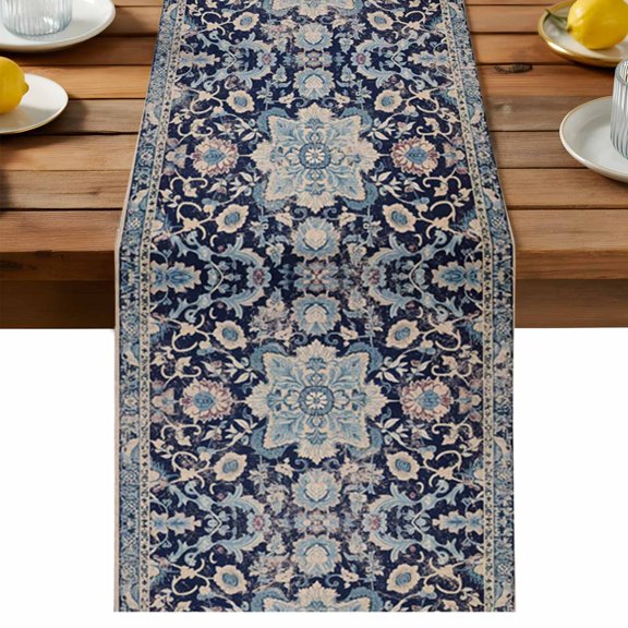 Dark Blue Floral Table Runner, Medieval Ethnic Cotton Linen Table Cloth, Turkish Retro Tablerunner for Kitchen Dining Party Wedding Home Decor 13x36 Inch
