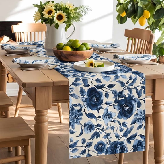 Dark Blue Floral Table Runner, Vintage Flower Leaf Blossom Nostalgia Texture Washable Kitchen Table Runners Dress Scarves for Dining Table Decorations Party/Restaurant/Indoor Outdoor Use, 13x36in