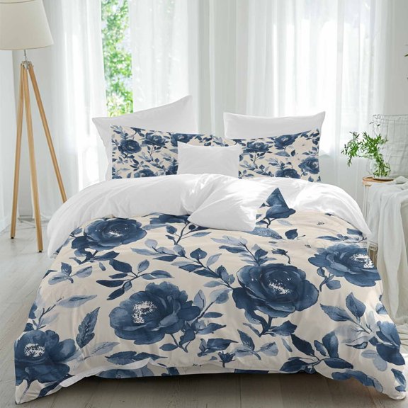 Dark Blue Floral Twin Duvet Cover Set, Retro Flower Leaf Blossom Nostalgia Texture 4 Piece Microfiber Bedding Set with Zipper Closure, Bed Sheet and 2 Pillow Shams, Soft Bedding Cover