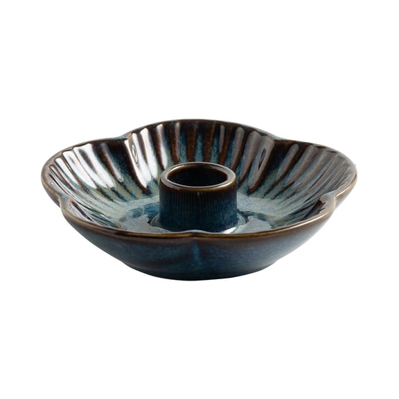 Dark Blue Flower Shaped Ceramic Candle Holder Candle Tray With Elegant Floral Design Porcelain Material For Christmas Halloween Wedding Tablescapes Home Decor 4.96X4.96X1.18In 0.48Lb