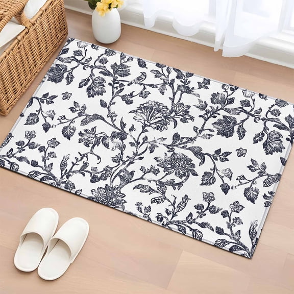 Dark Blue Flowers Bathroom Rug Washable 2x3 Entryway Rug Non Slip Pastoral Vintage Farmhouse Leaf Spring Front Door Mat Low Pile Indoor Doormat Throw Floor Carpet for Kitchen Bedroom Entrance