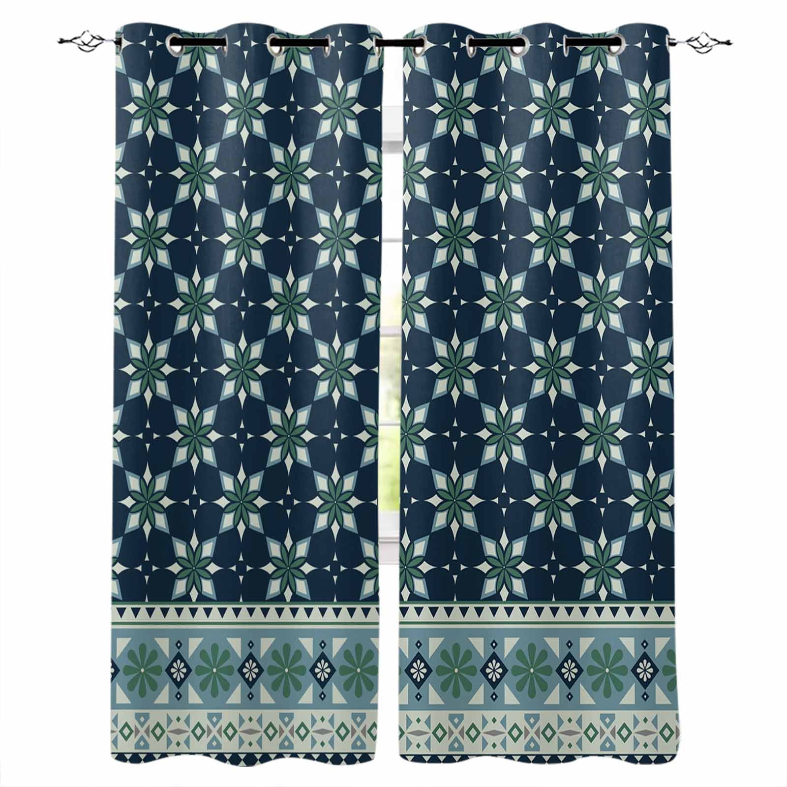 Dark Blue Flowers Black Out Curtains 72 Inch Long, Light Blocking ...