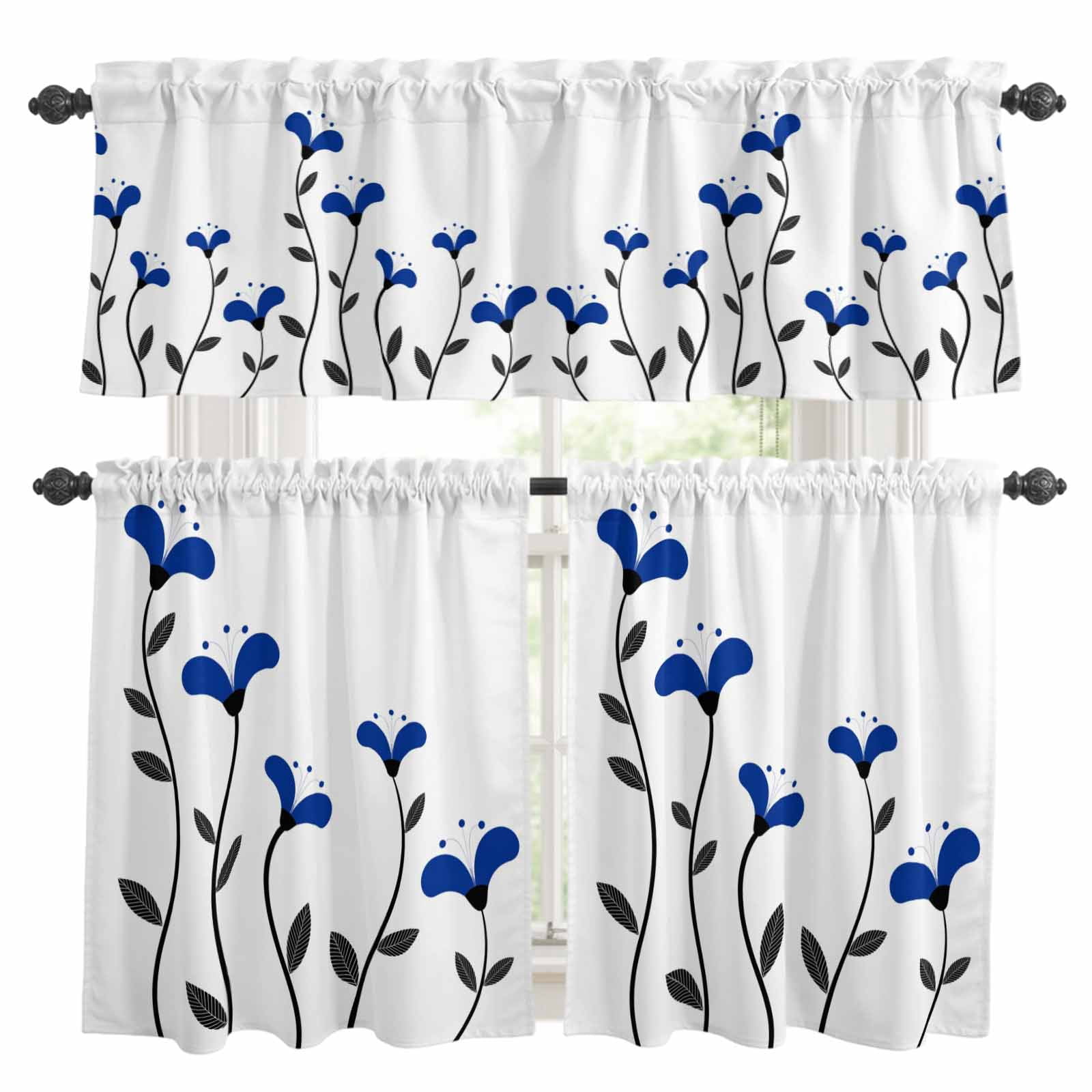 Dark Blue Flowers Kitchen Curtains Valances and Tiers Set of 3 Abstract ...