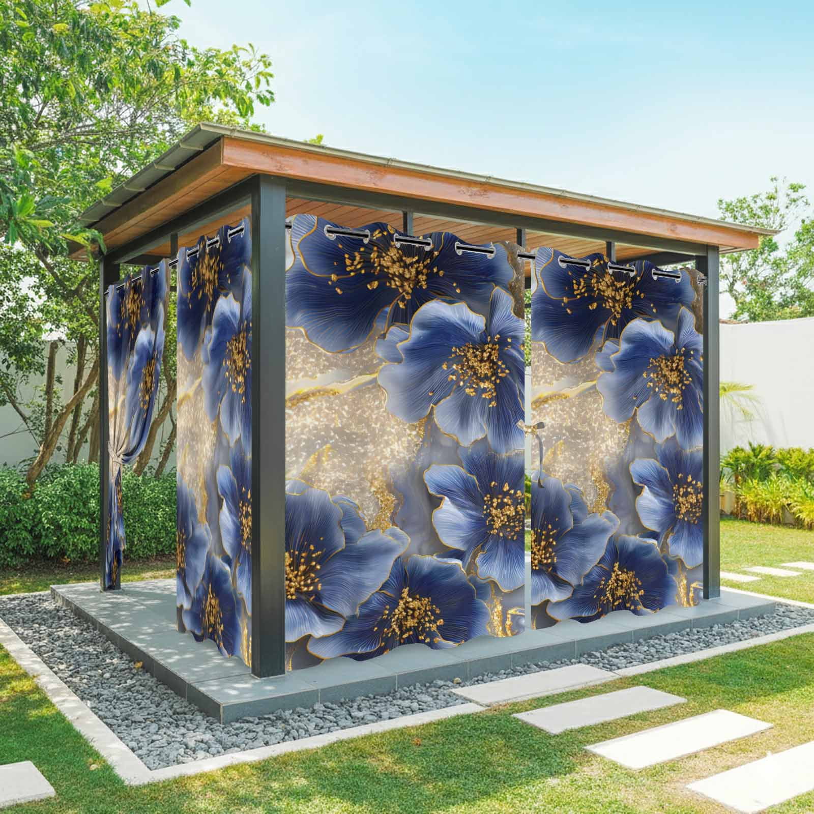 Dark Blue Flowers Outdoor Curtains for Patio, Romantic Dark Blue Floral Gold Marble Sunshade Privacy Drapes Grommet Waterproof Outside Curtains for Porch/Cabana/Balcony 54"x 108", 1 Panel