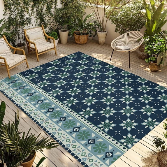 Dark Blue Flowers Outdoor Rug for Patio/Deck/Porch, Non-Slip Large Area Rug 6 x 9 Ft, Vintage Rustic Abstract Floral Aesthetic Indoor Outdoor Rugs Washable Area Rugs, Camping Rug Carpet Runner