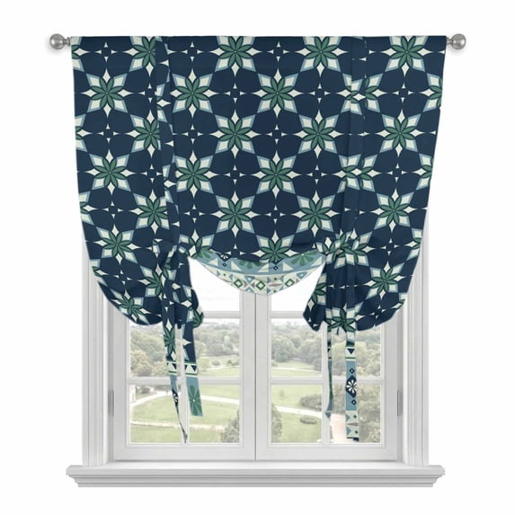 Dark Blue Flowers Tie Up Curtains 45 Inches Long, Kitchen Window Curtains Over Sink, Vintage Rustic Abstract Floral Aesthetic Small Window Curtains Shade Balloon Curtains Valances for Bedroom 34"x45"