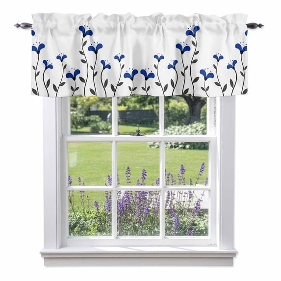 Dark Blue Flowers Valance Curtain for Windows Abstract Spring Autumn Simple Dark Blue Floral Black Leaves Rod Pocket Curtain Valances Short Window Treatments for Kitchen Bathroom Laundry 60 x 18 Inch