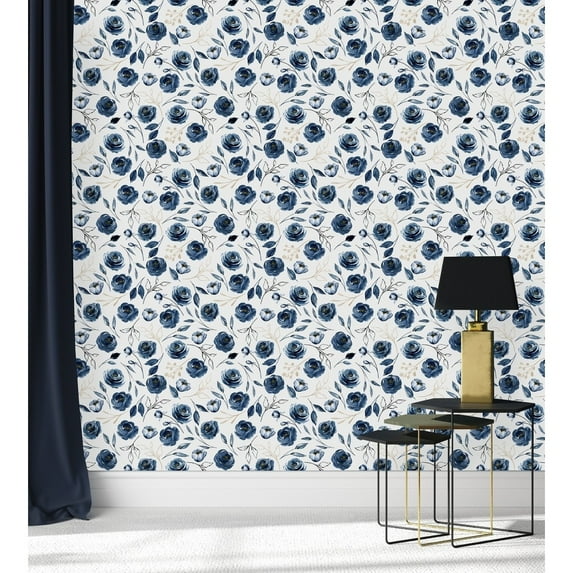 Dark Blue Flowers Wallpaper Pre-Pasted - 25"W x 125"H