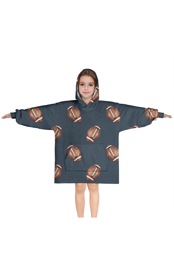 Dark Blue Football Repeat Pattern Blanket Hoodies for Kids 6-13YR Oversize Wearable Blanket Hoodies for Boys Girls Teens
