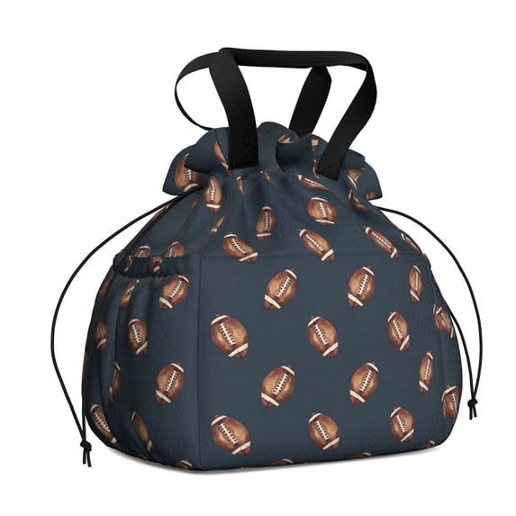 Dark Blue Football Repeat Pattern Drawstring Lunch Bag Women - Drawstring Lunch Bag Insulated for Work Office - Stain-Resistant Large Lunchbags for Women with Multi-Pockets